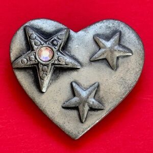 Small Heart Brooch Stars and Sparkling AB Rhinestone Brushed Silver